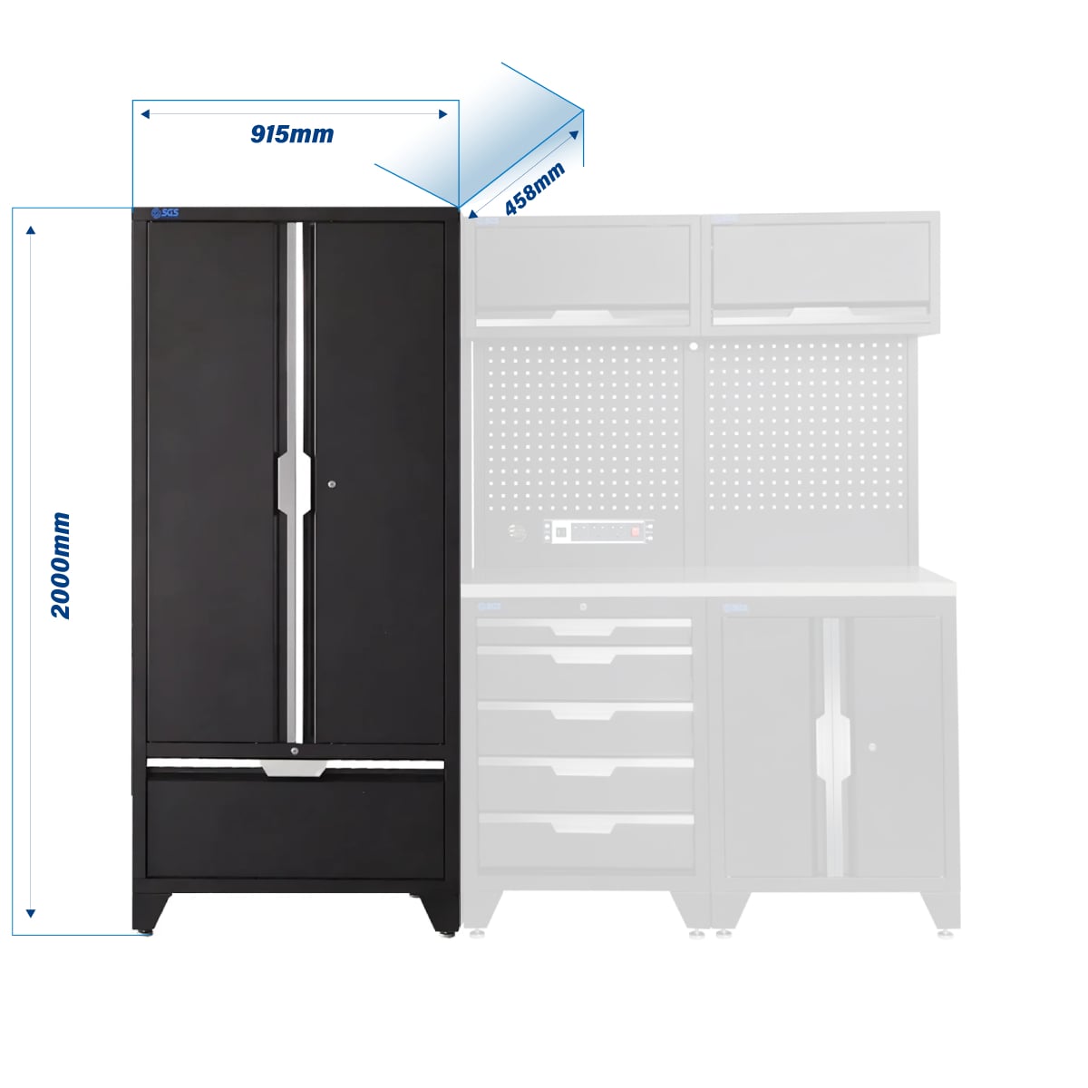 SGS 7pc Modular Garage Storage | 5 Drawers | Stainless Steel Worktop | Tall Double Cabinet with Drawer | 2x Upper Cabinets | Pegboard with Power Strip